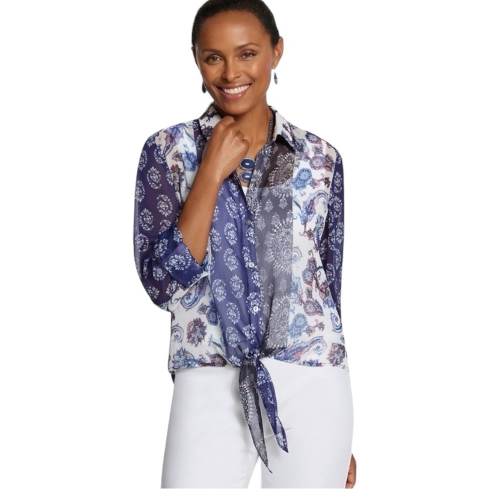 Chico's Patched Paisley Sheer Sloan Button Down Top Long Sleeve
